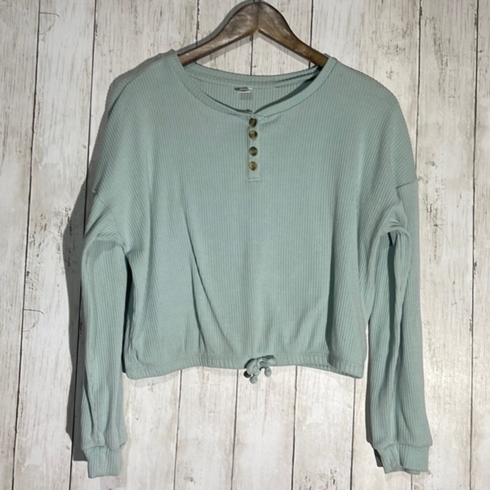 Old Navy Girls Ribbed Cropped Henley Pullover Sweater Light Blue Size XL 14 16
